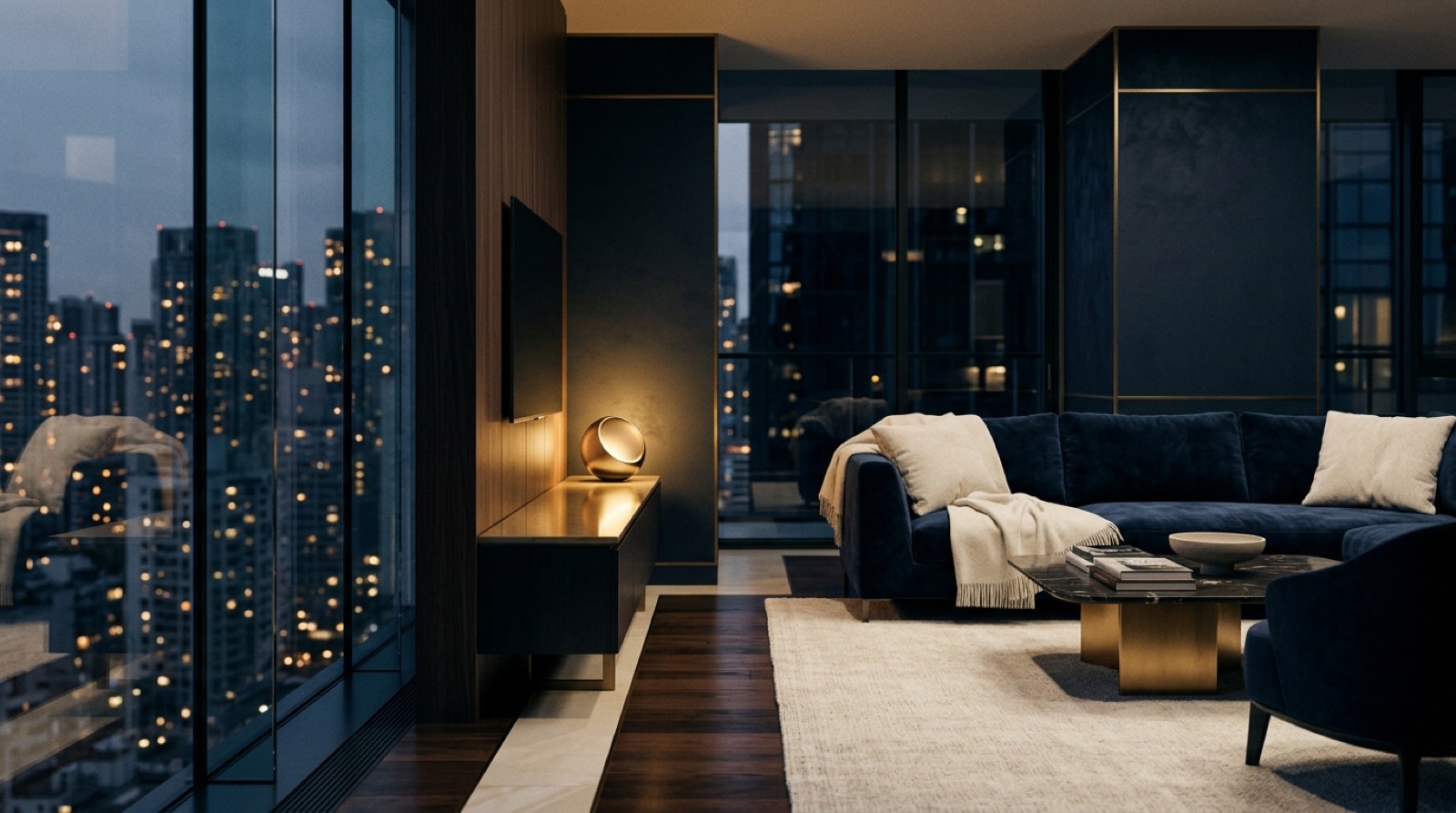 A premium serviced apartment at dusk